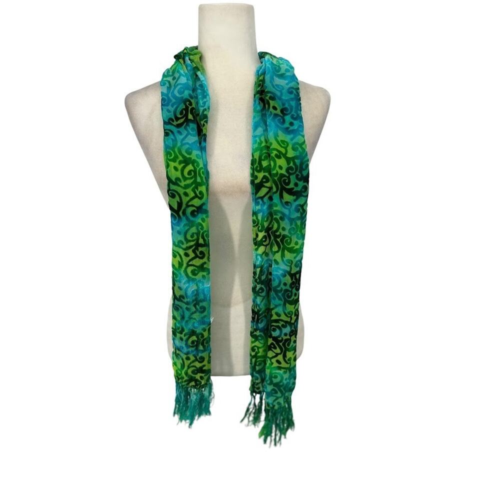 Velvet Burnout Shawl Scarf One Size Silk Blend Fringe Retro Green Blue Vibrant